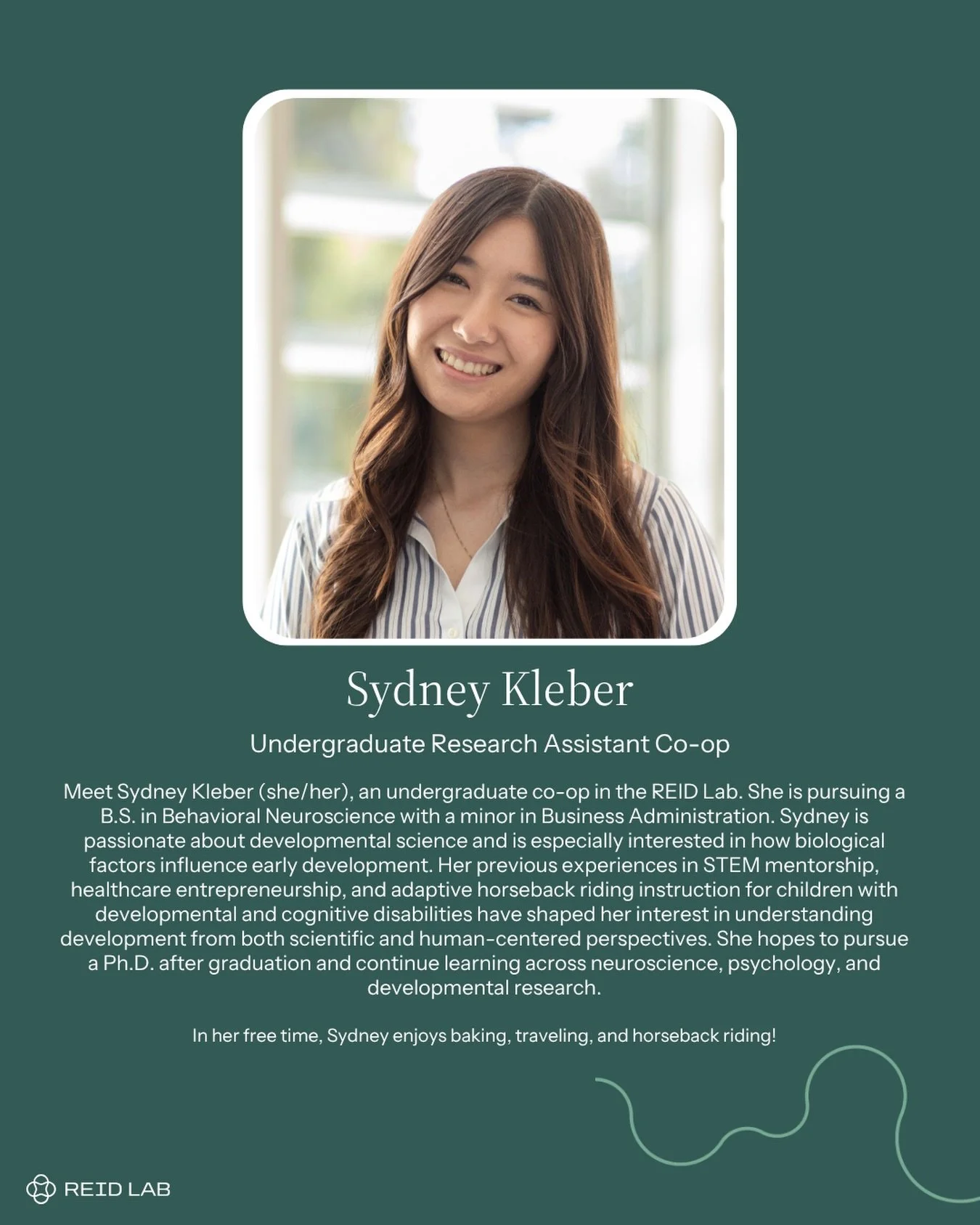 We are thrilled to welcome a wonderful undergraduate co-op research assistant to the REID Lab for this Summer and Fall, Sydney! Read Sydney&rsquo;s bio above to learn more about her previous experiences and future goals!&nbsp;🧠🐎
&nbsp;
Text from im