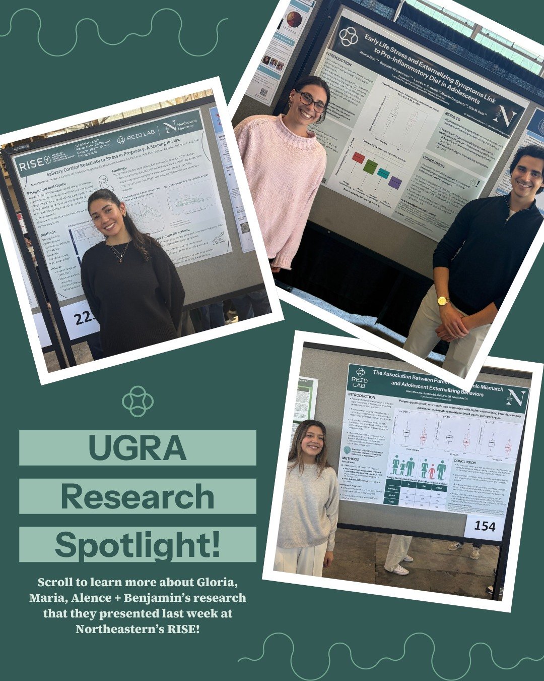 This past week, four of our wonderful undergraduate RA&rsquo;s presented their work at Northeastern&rsquo;s RISE! Swipe to learn more about their amazing projects 🧠🍎🧑&zwj;🧑&zwj;🧒