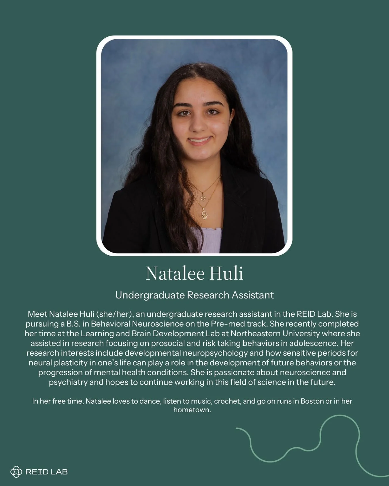 We are so excited to welcome another new undergraduate RA to the REID Lab this semester, Natalee! Read Natalee&rsquo;s bio above to learn more about her research interests and passion for neuroscience 🧠🧶

Text from image:
Meet Natalee Huli (she/her