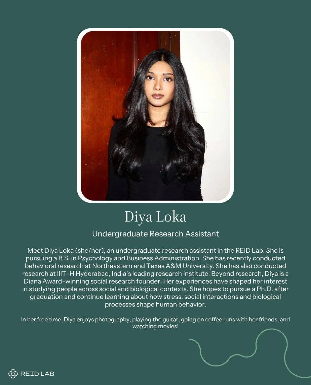 We&rsquo;re thrilled to introduce one of our newest undergraduate RAs, Diya! Check out her bio above to learn about her research journey across Northeastern, Texas A&amp;M, and India, and what drives her curiosity about stress, social connection, and