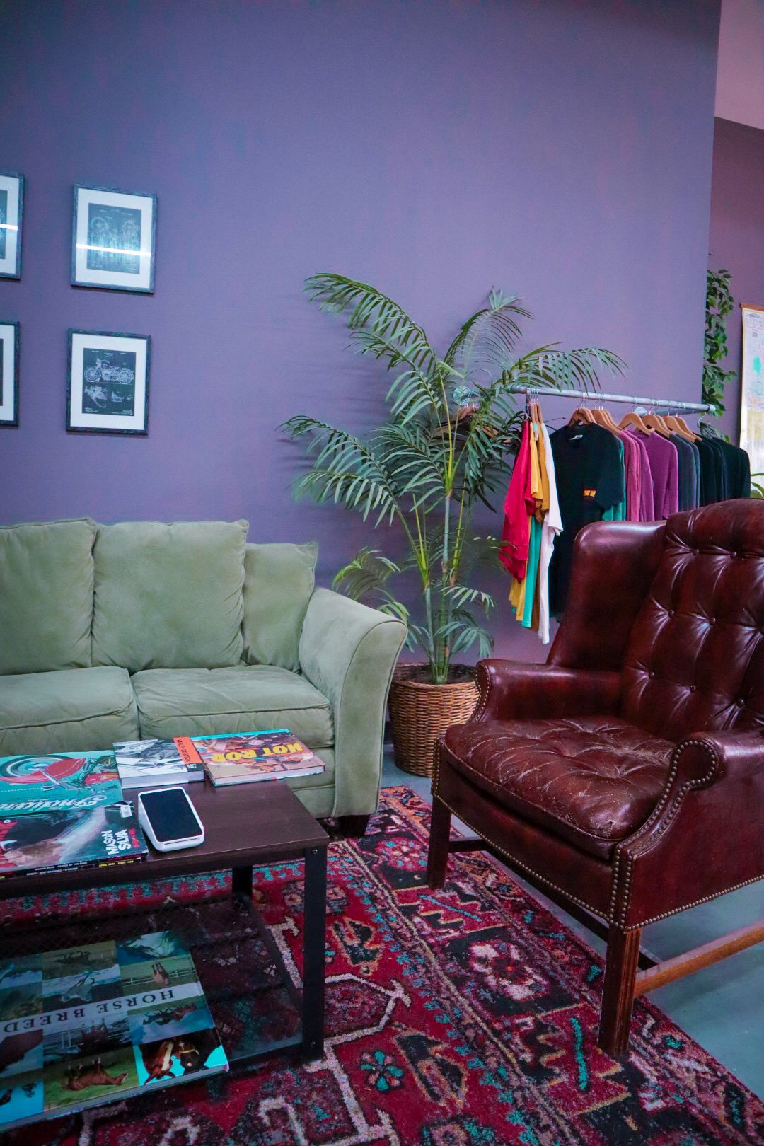  Comfy sofa in waiting room at Tame the Mane Barbershop 