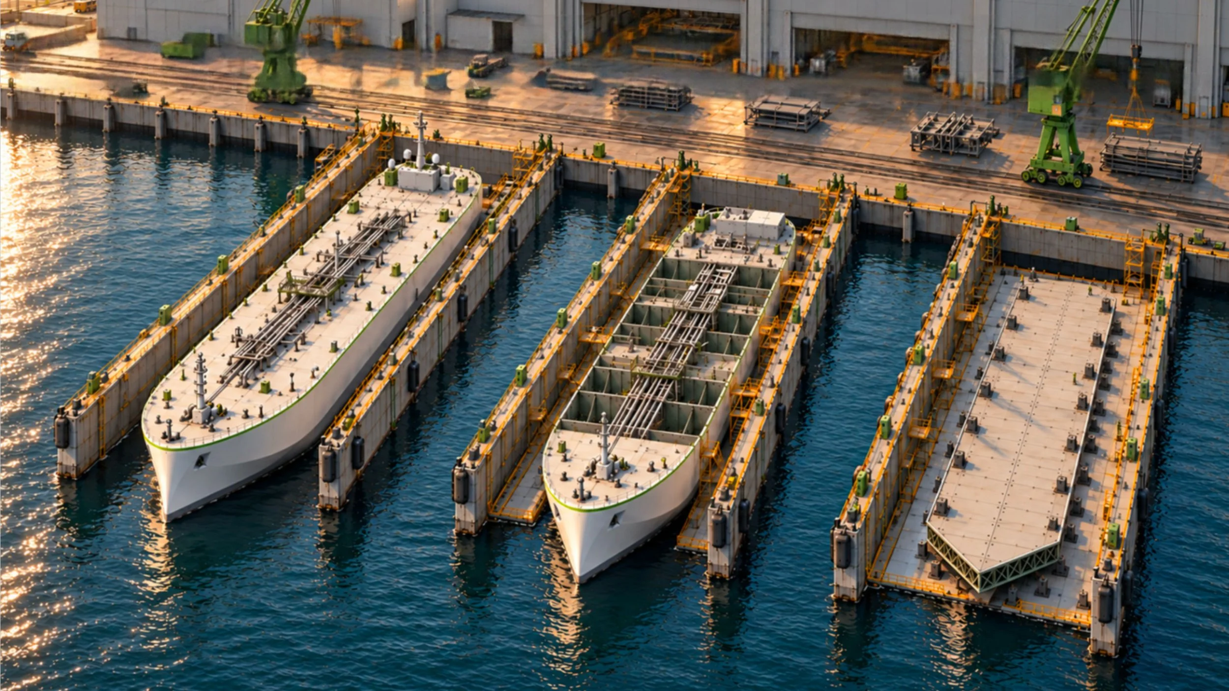 Aerial view of cargo ships in dry docks at a waterfront shipyard with industrial cranes
