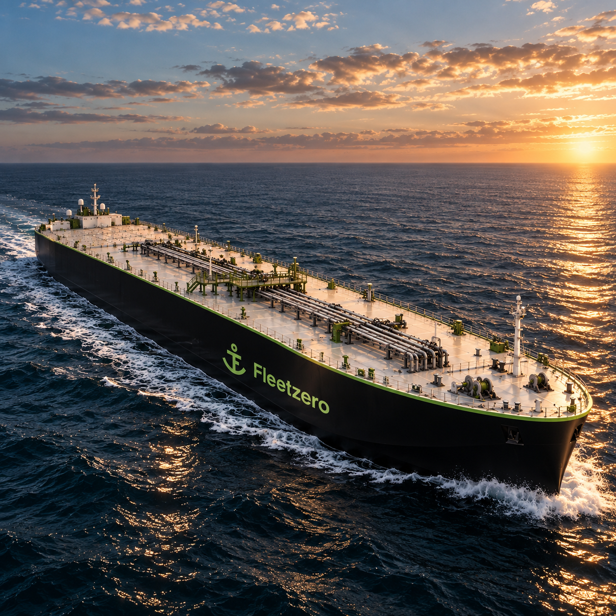 Fleetzero oil tanker sailing across the ocean at sunset