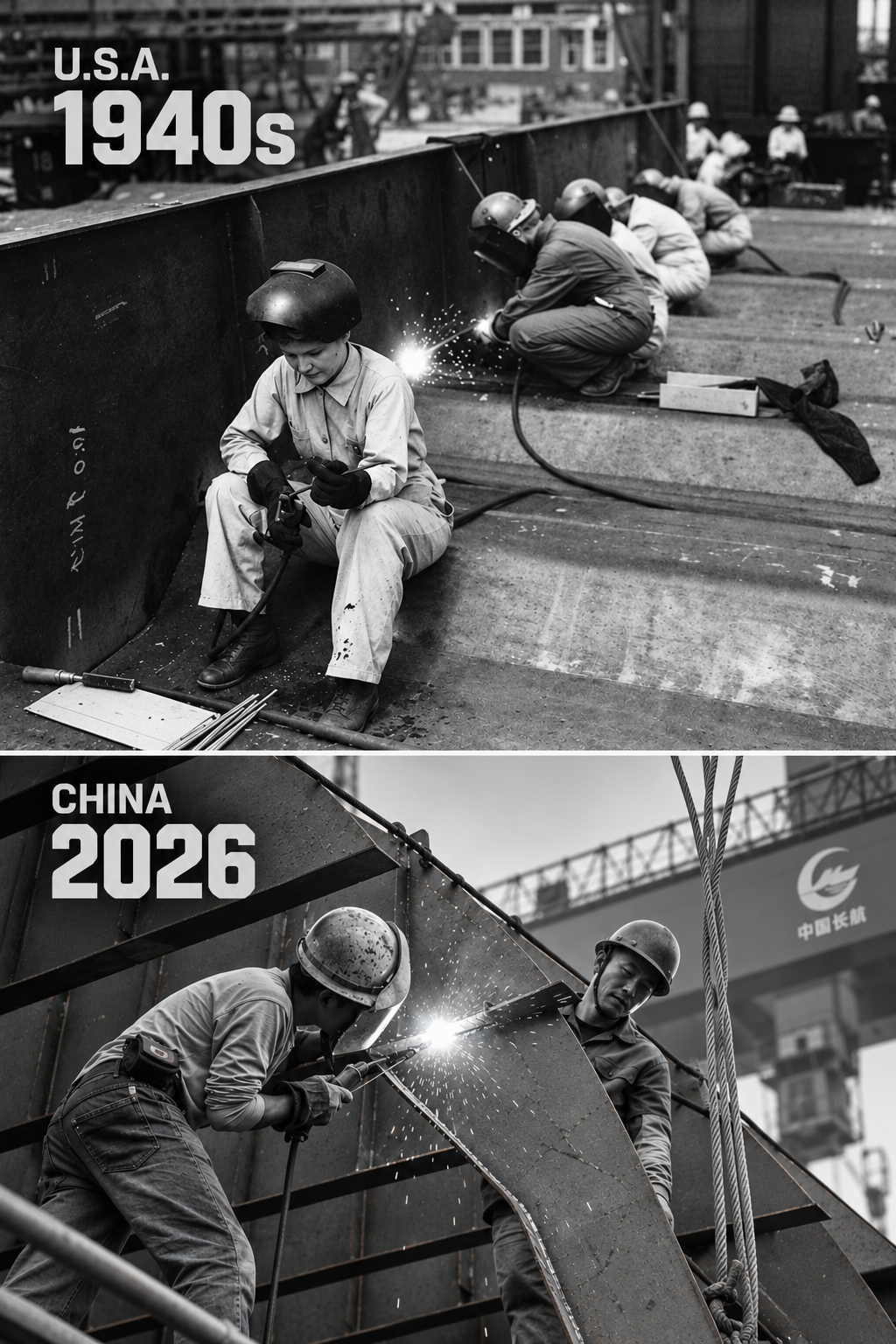 Black-and-white split image comparing 1940s U.S. shipyard welders with Chinese shipbuilders welding steel in 2026.