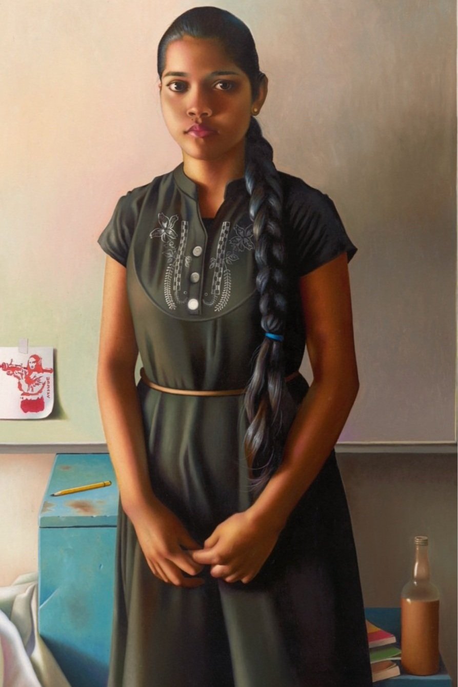 Striking fine art of a brown skinned girl with long plaited hair. There is a small white and red Banksy painting in the background of a girl holding a weapon. Anti war political art work.