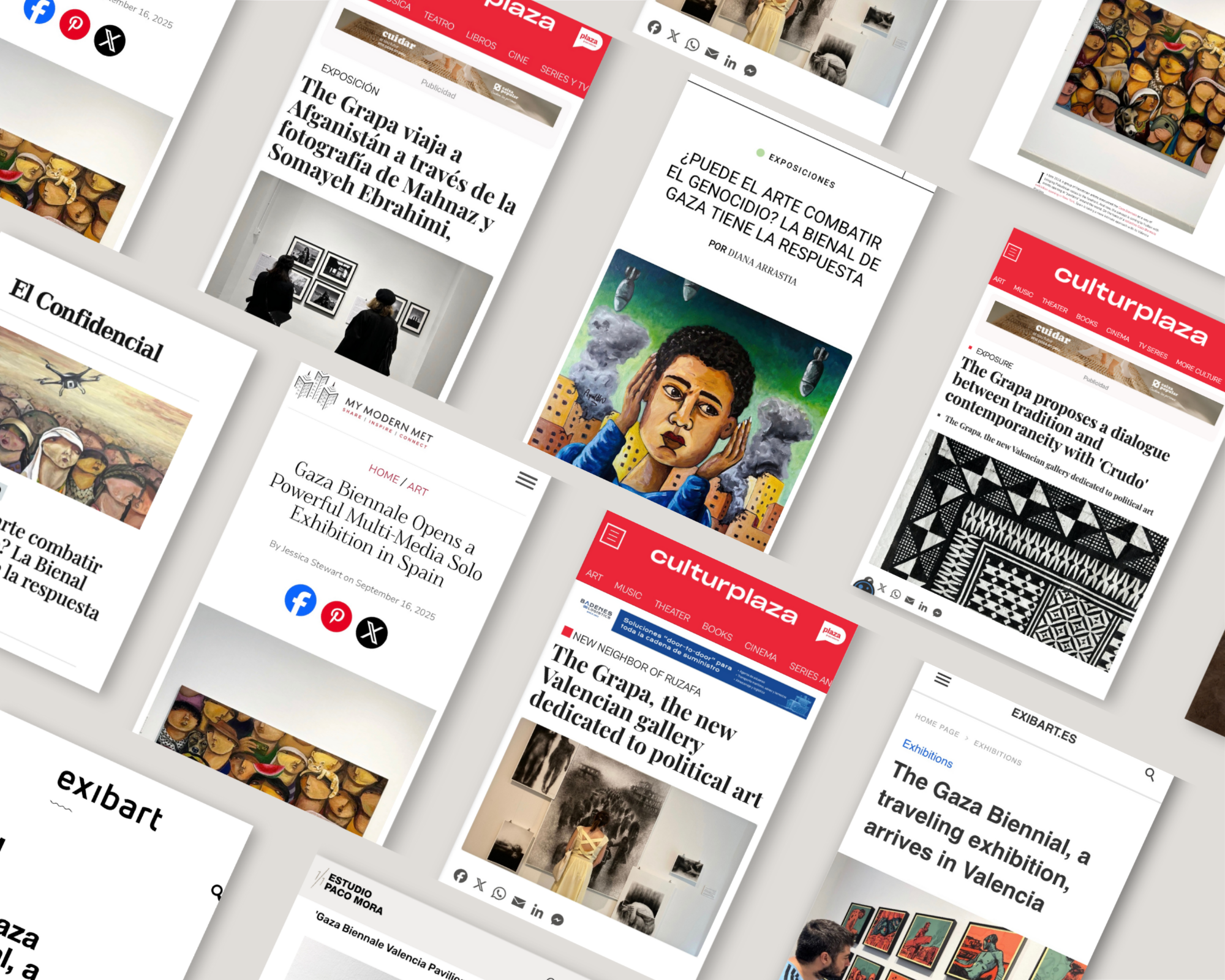 Collage of various article and exhibition webpage screenshots related to the Gaza Biennale art exhibitions, including images of artworks and visitors viewing the exhibits.