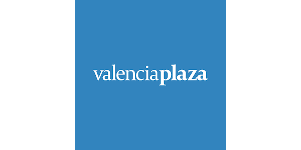 Valencia Plaza logo in white text on a blue background.