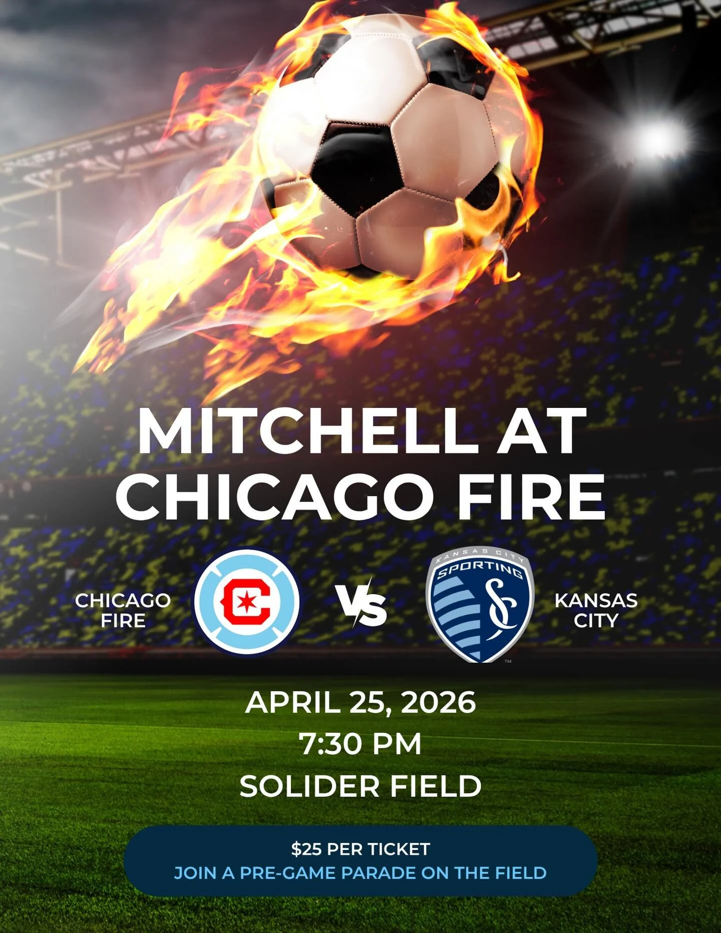 ⚽️🔥 Join us for a Mitchell night out cheering on Chicago Fire FC on Saturday, April 25!

🎟 Tickets: $25 (link in bio!)