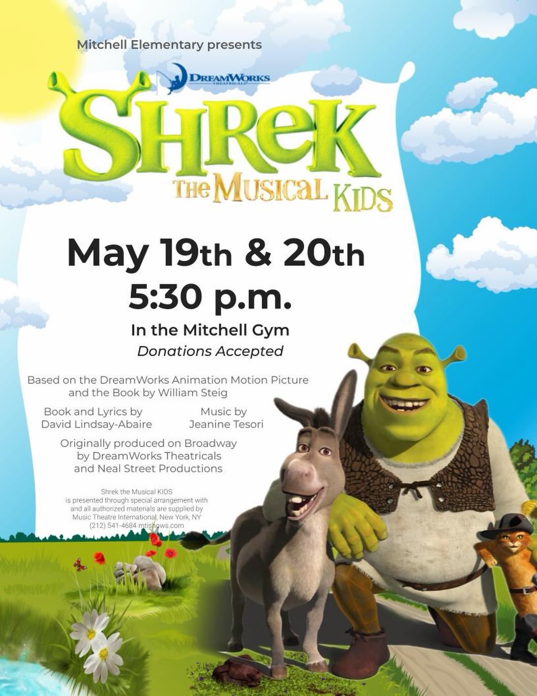 Join us in the swamp for our Shrek The Musical evening performances! 🌟👑🫏

🗓️May 19 &amp; May 20 ⏰ 5:30 PM 🚪 Doors open at 5:15 PM at Door 8

All families are invited &mdash; no tickets needed!  
We will gladly accept donations to support our cas