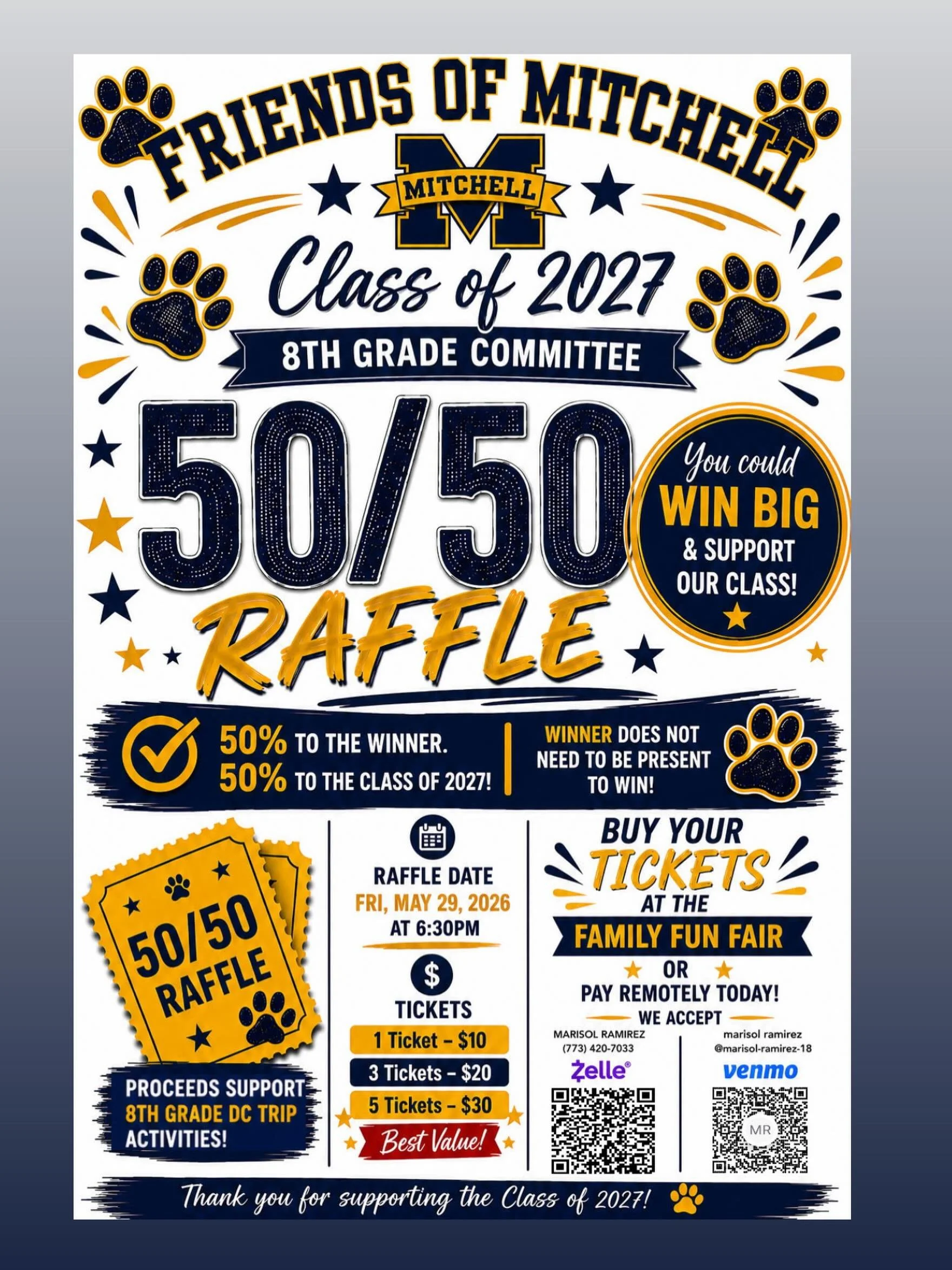 🎟️ Enter our raffle for a chance to win amazing prizes while supporting a great cause!

🇺🇸 All proceeds will help support the 8th Grade Washington, DC Trip