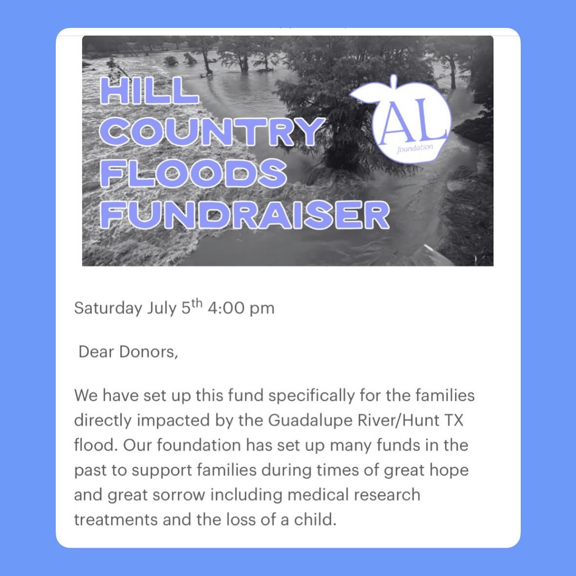 This special fund was set up last week by our foundation immediately following the catastrophic flooding in Texas.
Support has been strong and we want to be sure to keep making the public aware of this secure option for giving.
Annie Louise is a r