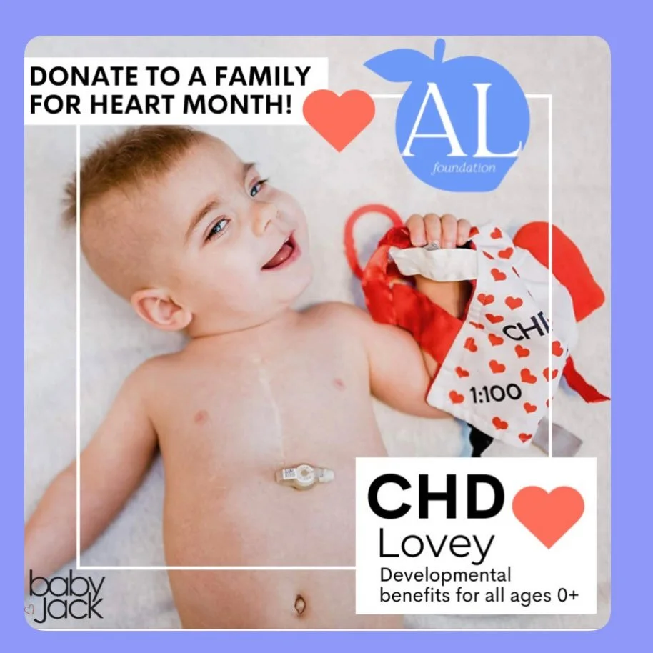 We have a goal of giving 75 little heart warriors a basket of love this year as they recover from open heart surgery. 

One item included will be a lovey from @babyjackco 

Baby Jack Co is partnering with ALF and our supporters can use our special li