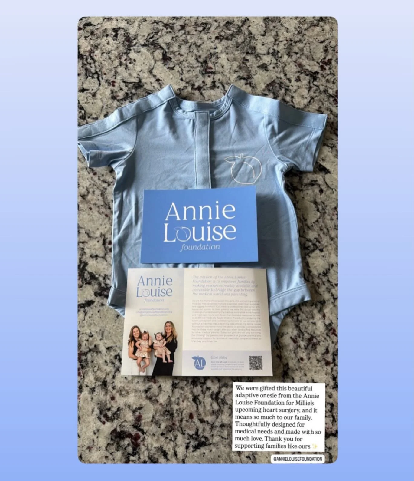 Almost reshared to our stories, but we decided it needed a permanent spot here 🤍

&ldquo;We were gifted this beautiful adaptive onesie from Annie Louise Foundation for Millie&rsquo;s upcoming heart surgery, and it means so much to our family. Though