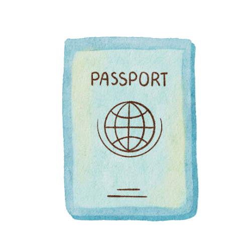 Watercolor illustration of a passport with a globe symbol on the cover.