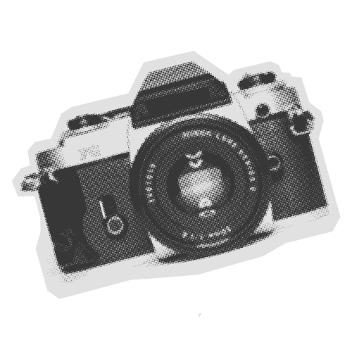 Pixelated black and white image of a vintage camera with a large lens and various controls.