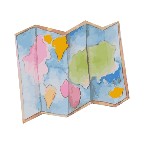 Watercolor illustrated map with various landmasses in different colors, depicted on a foldable paper map.