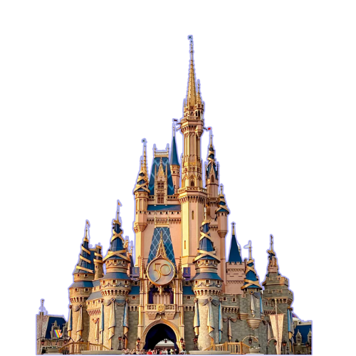 Disney castle with flag at the top, colorful turrets, and decorative elements