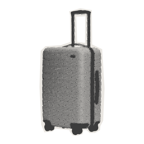 Halftone style illustration of a roller suitcase with an extended handle.