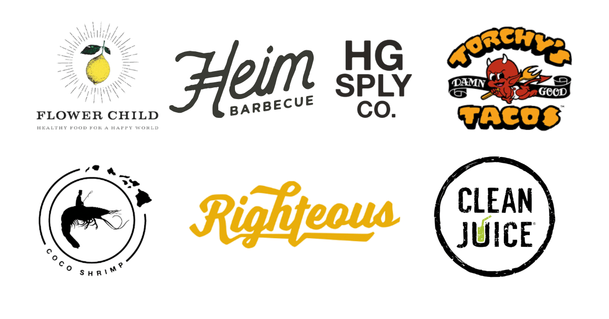 A collage of eight different logos, including a sunflower, a checkered flag with a car, a devil holding a trident, a neon sign that says 'Road House', a speedometer, a neon sign that says 'Torgoya', a deer with antlers, and a neon arrow.