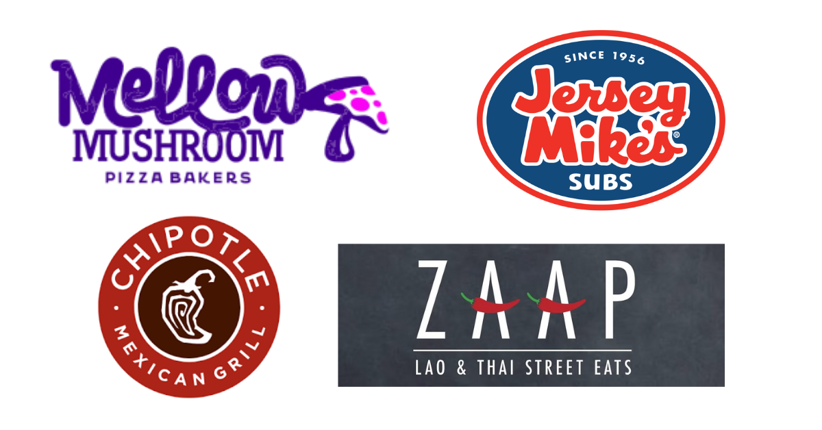 Image showing logos of Jersey Mike's subs, Chipotle Mexican Grill, and ZaaP Lao and Thai street eats.