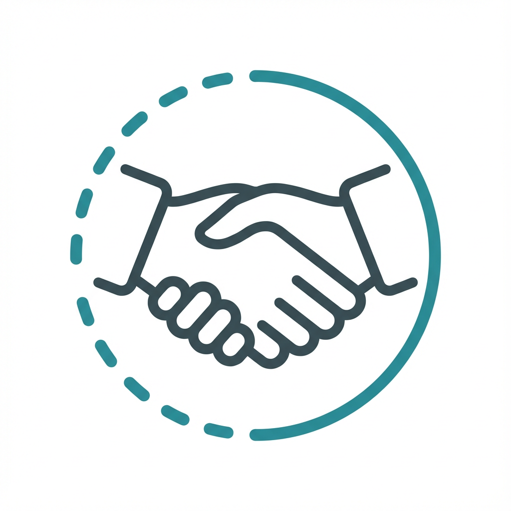 Simple line drawing of a handshake inside a dashed circle, symbolizing agreement or partnership.