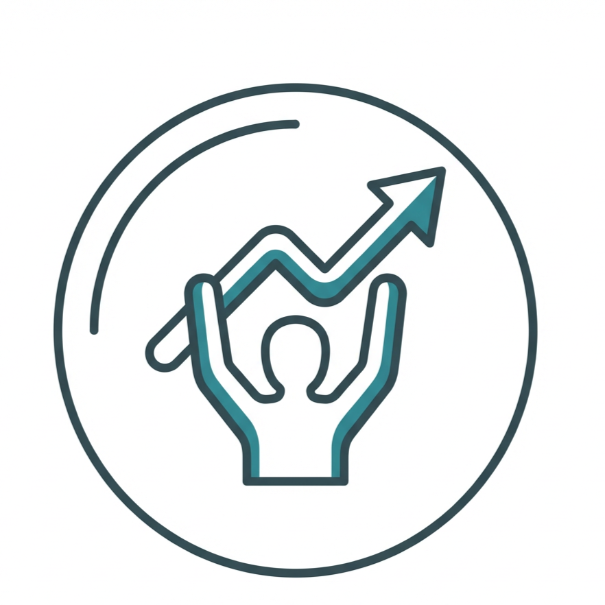 A person lifting a rising arrow graph inside a circle, symbolizing growth or success.