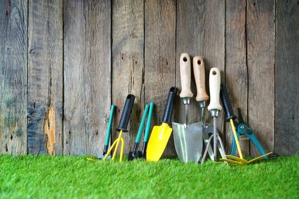 assortment of garden tools leaning against wooden shed