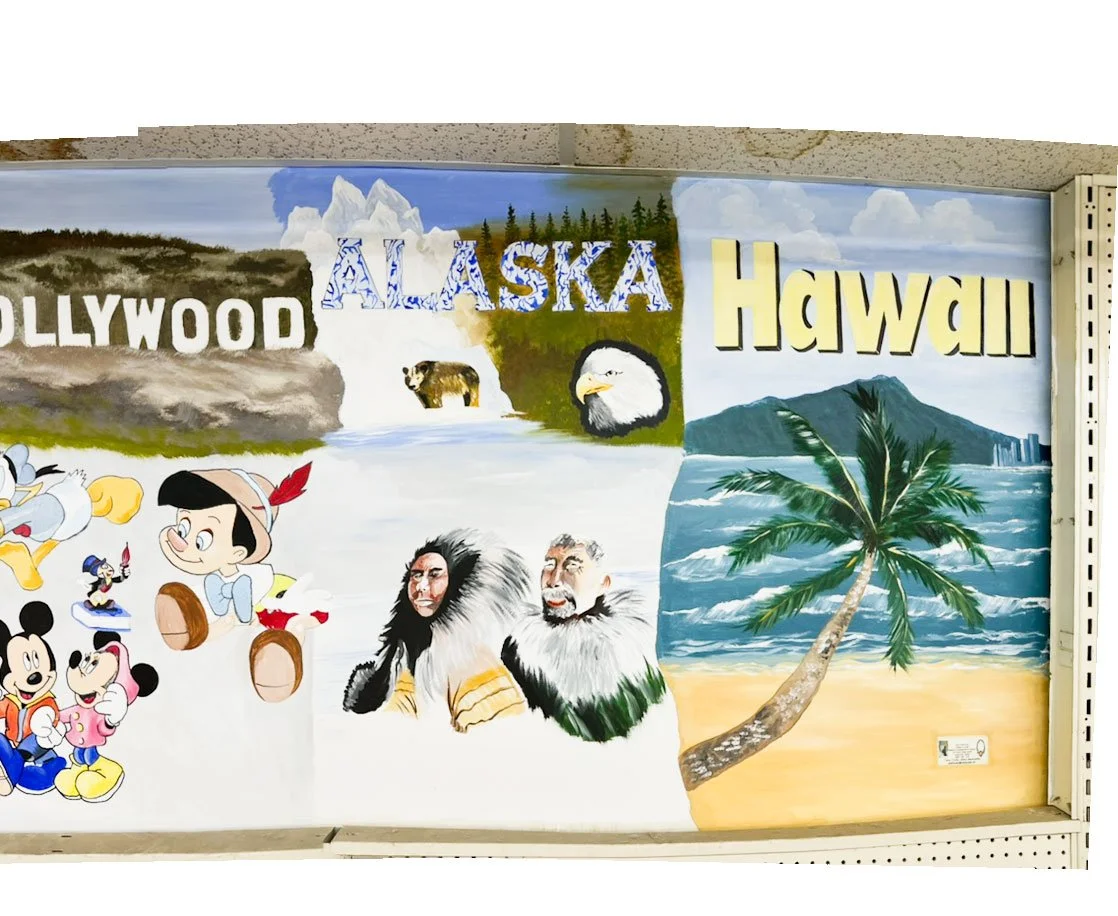 Hollywood sign top left, Disney characters bottom left, Alaska printed top center with brown bear and eagle head underneath, Native Alaskans bottom center, Hawaii printed top right in front of beach scene bottom right