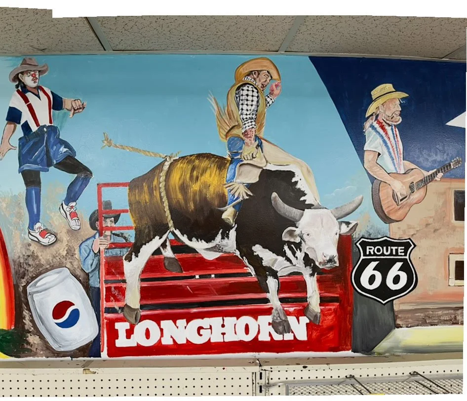 Rodeo clown on left side above pepsi barrel, Longhorn stock gate in background, bullrider in center, Route 66 logo on right side under Willie Nelson