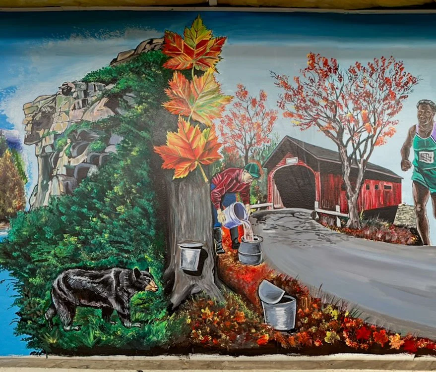 Black Bear, maple tree, covered bridge
