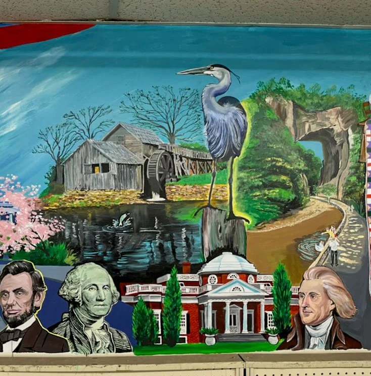 Lincoln and Washington next to Monticello with Andrew Jackson on right side. Great Blue Heron in center, old sawmill in background to left and to right is carved stone tunnel