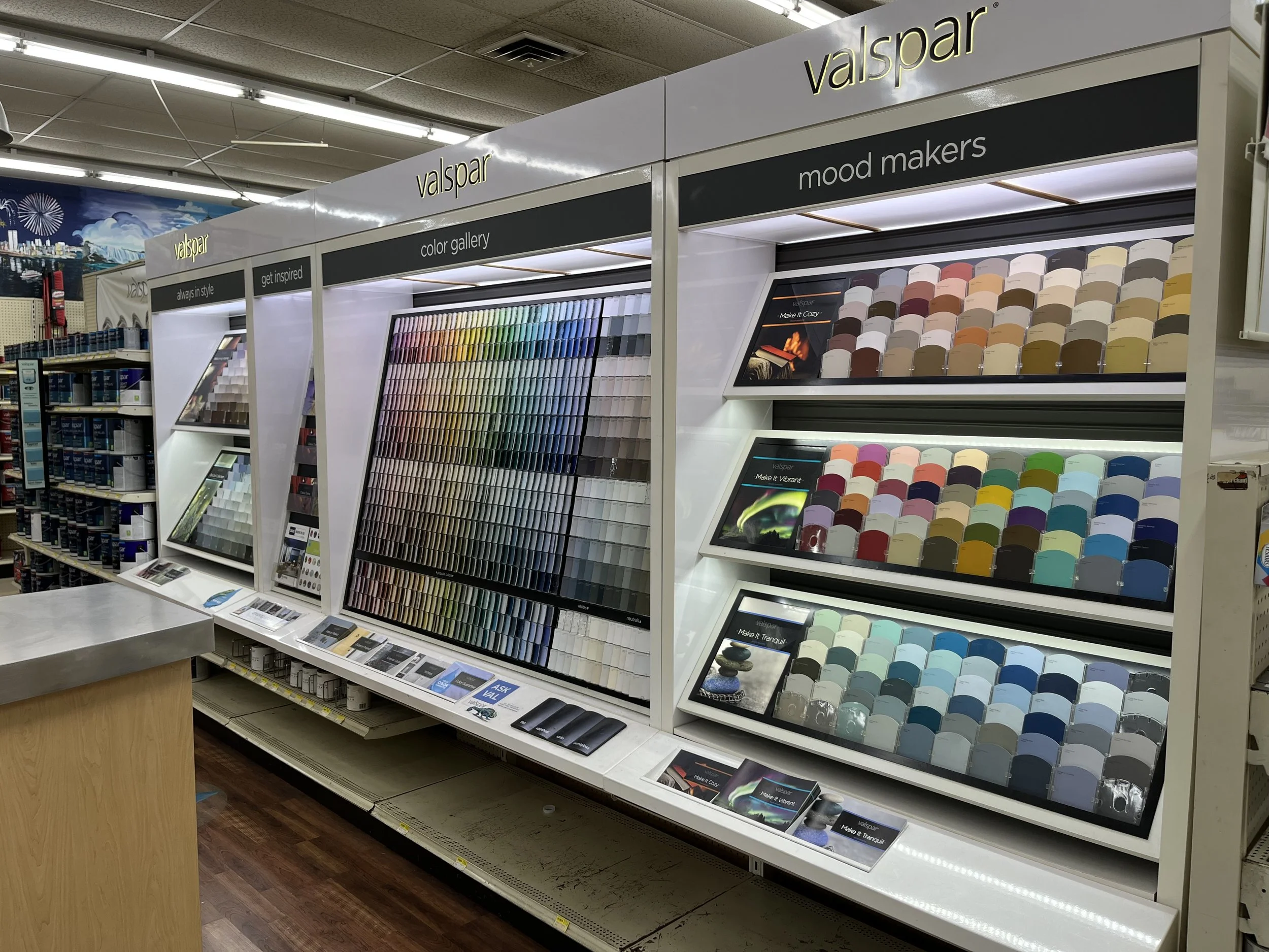 paint chip racks next to paint mixing counter in our store