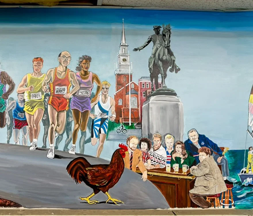 runners in front of images of Boston, including statue, chicken, and Cheers cast