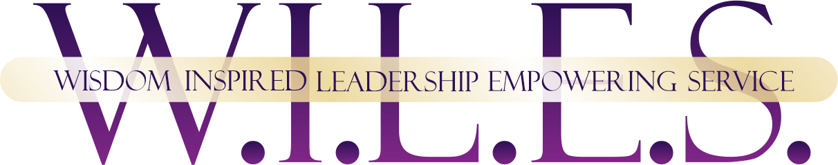 A banner with a purple background and gold accents displaying the words "Wisdom Inspired Leadership Empowering Service."