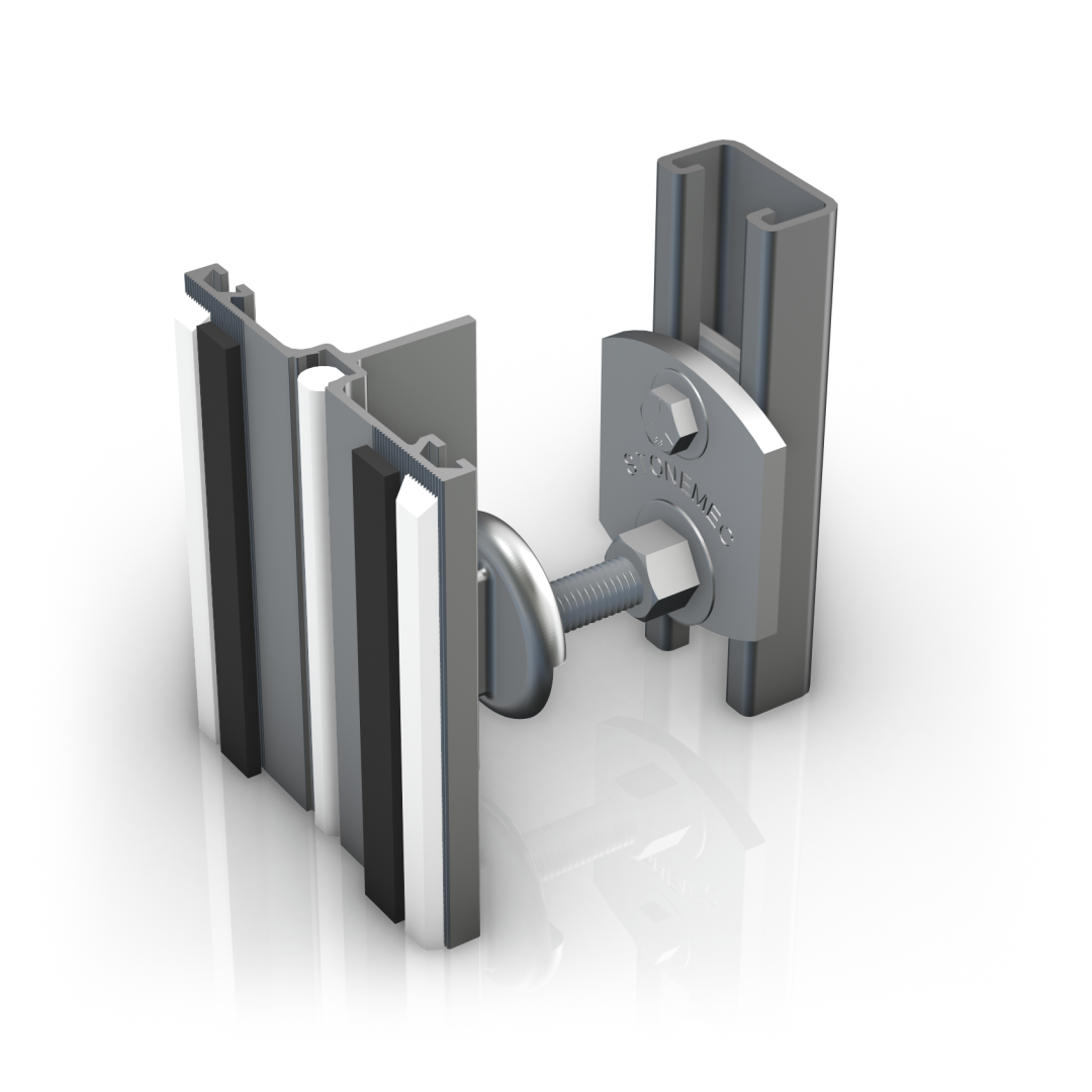 Close-up of a metal door latch mechanism with bolts and brackets on a black reflective surface.