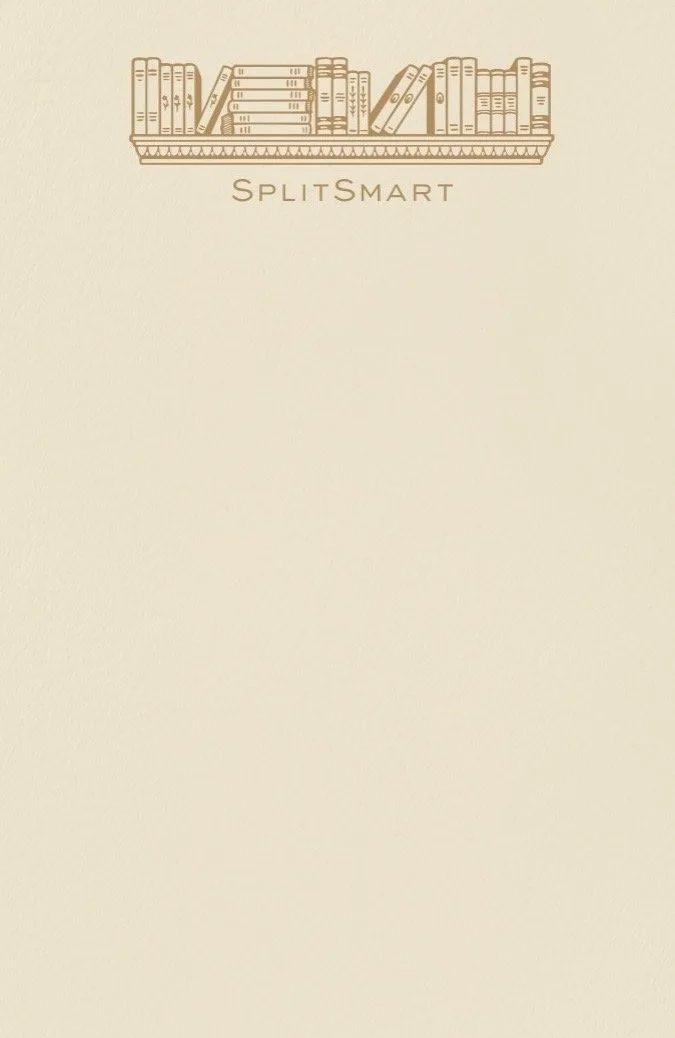 Illustration of books on a shelf with the words "SplitSmart" underneath, on a beige background.