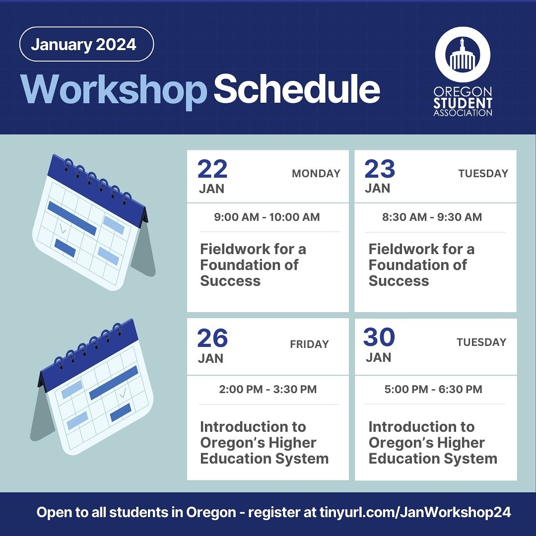 Join the Oregon Student Association for VIRTUAL workshop sessions crafted to enhance your advocacy skills and broaden your knowledge! Connect with fellow students, dive into meaningful discussions, and equip yourself to make a positive impact on your