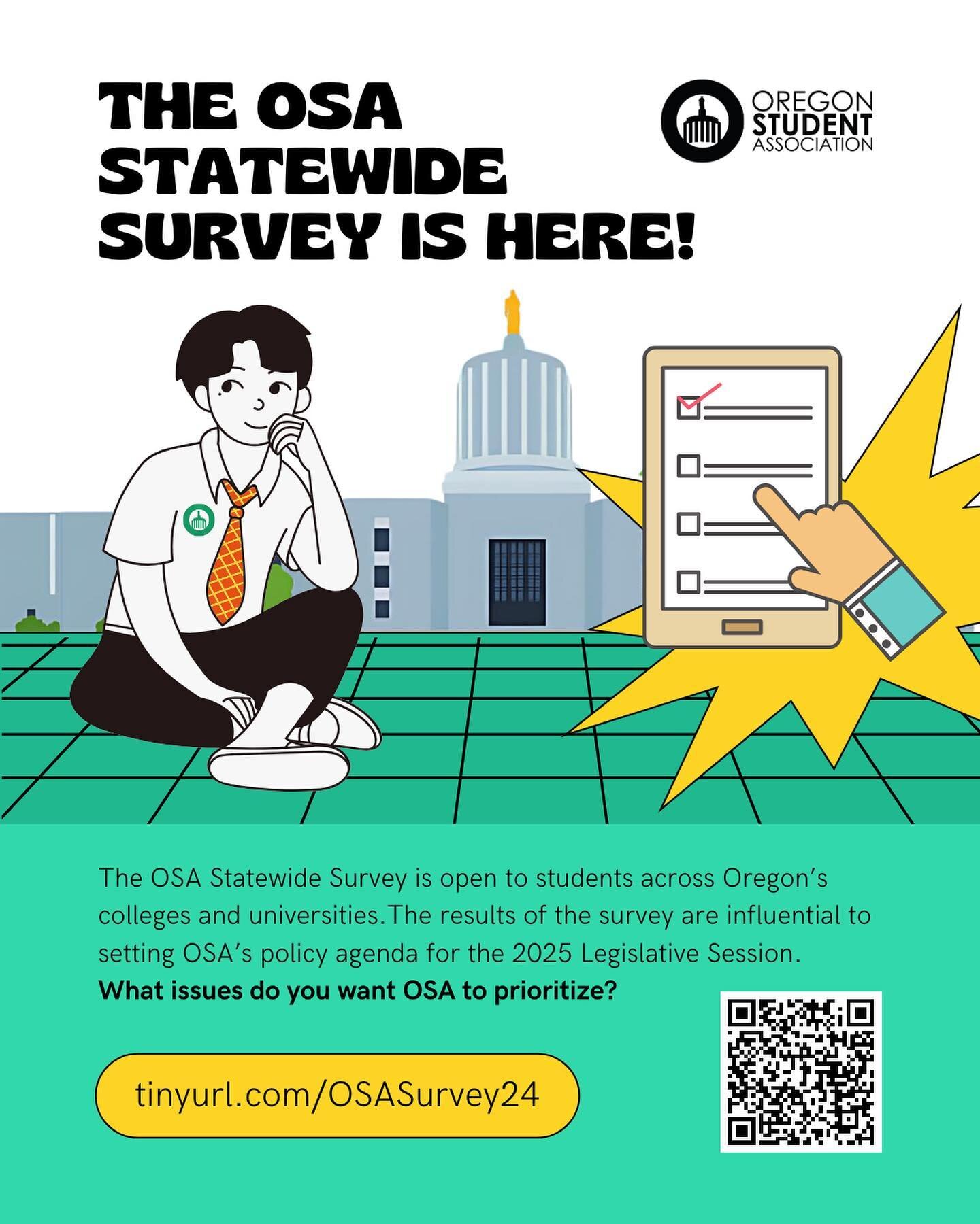 We are so excited to kick off Spring Term by rolling out the final stage of OSA&rsquo;s two-year issue choosing process: The OSA Statewide Survey! 📋🔥

Every two years, the Oregon Student Association engages in a comprehensive issue choosing process