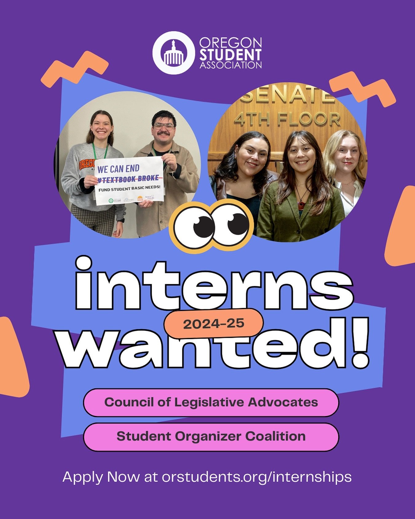 The Oregon Student Association is recruiting student interns for the 2024-25 academic year to serve on the Council of Legislative Advocates (COLA) and the Student Organizer Coalition (SOC)&hellip;😍📝

What is the Council of Legislative Advocates (CO