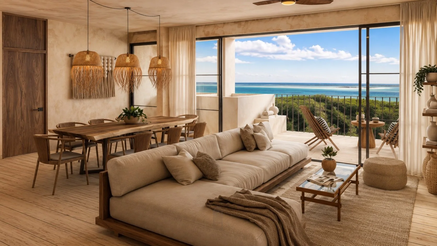 Open plan living area of Bacalar condo with lagoon views