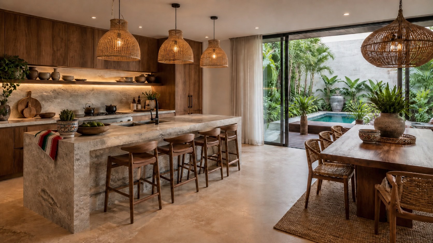 Open plan kitchen diner with views of the private pool in villa in Bacalar, Mexico