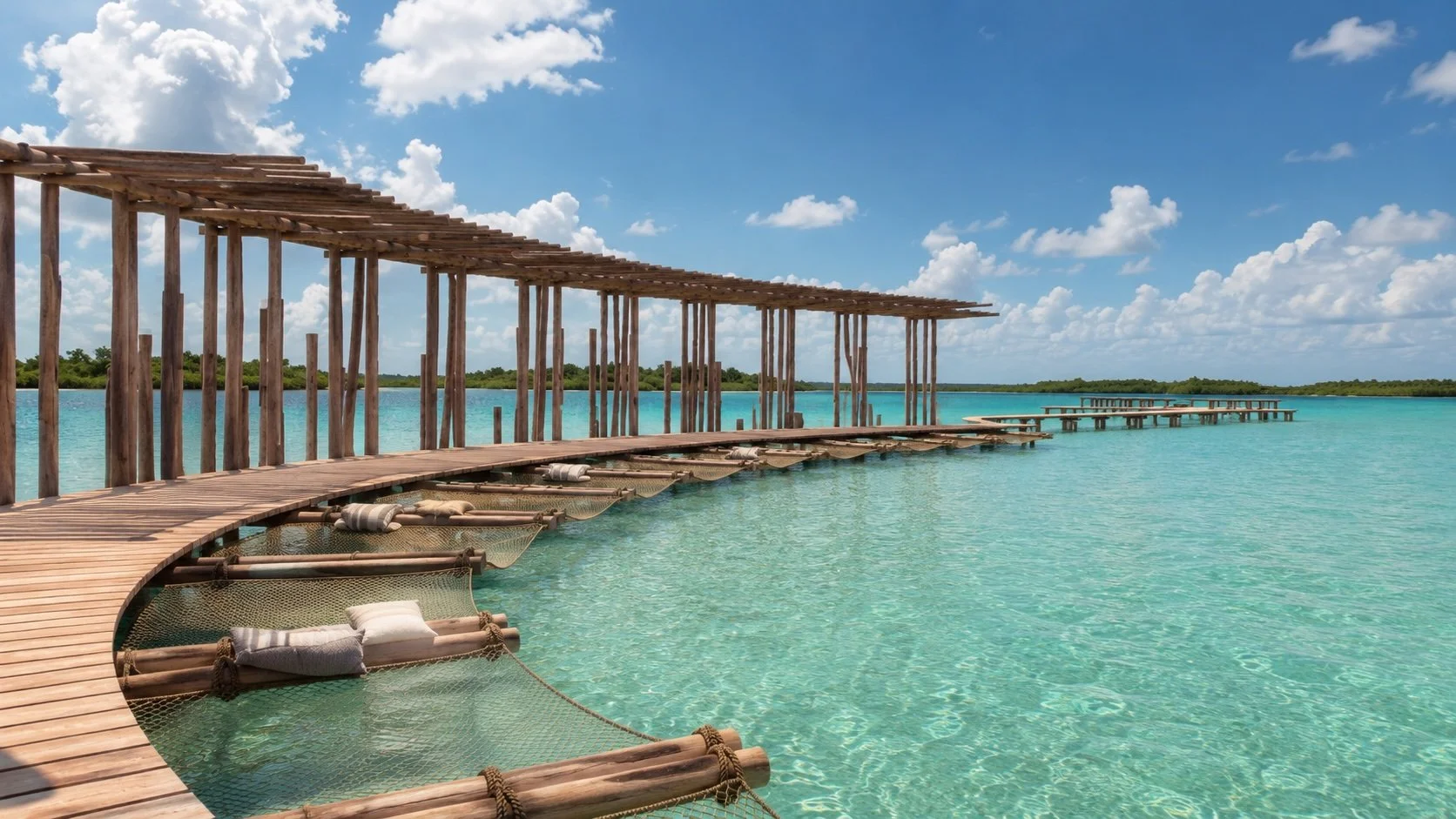 Turquoise blue pier on the lagoon of Seven colours in Bacalar