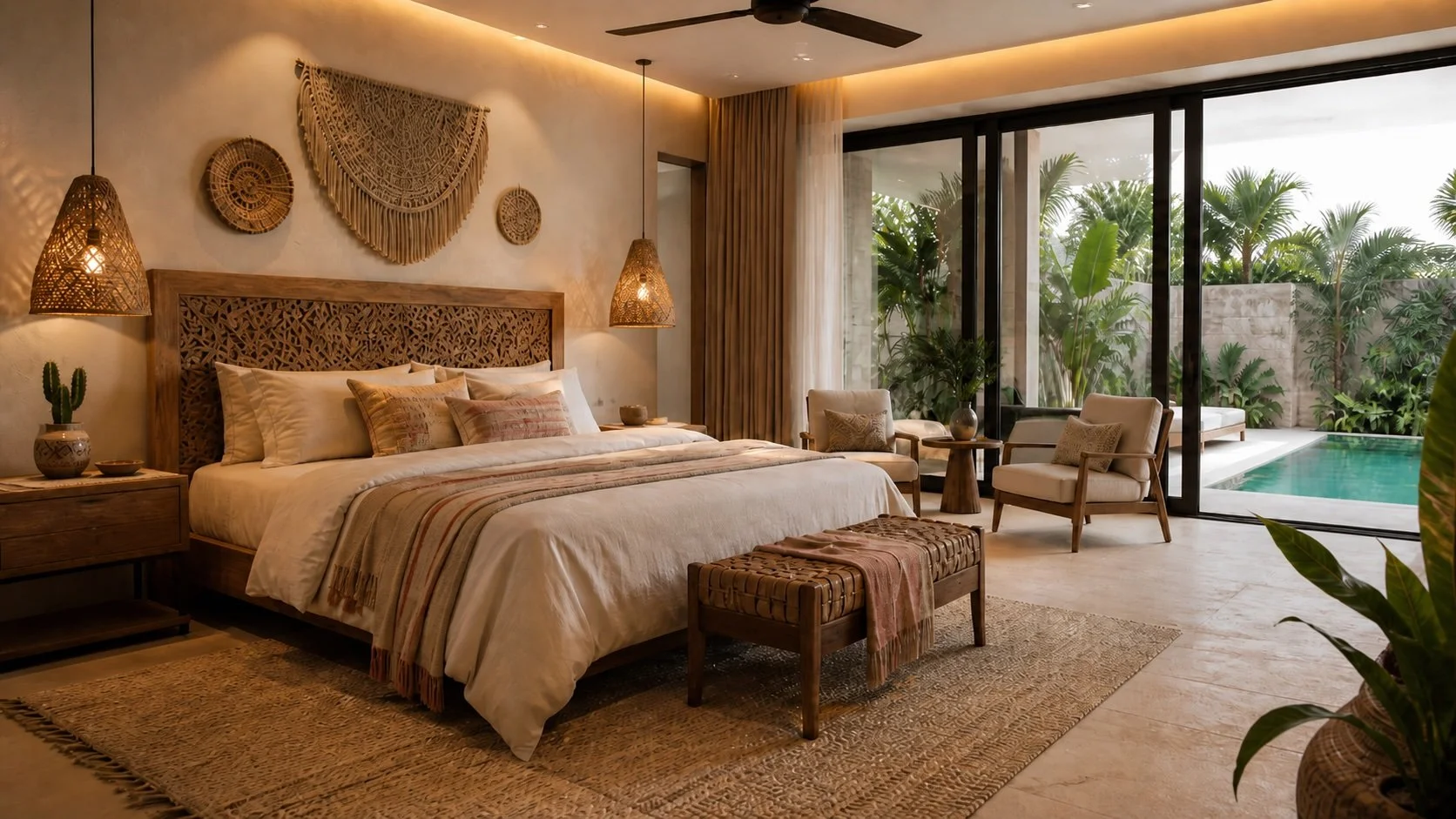 Bedroom with views of private pool in Bacalar home