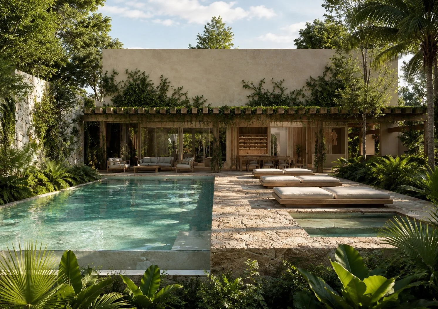 Modern Villa with pool and sun loungers in Bacalar