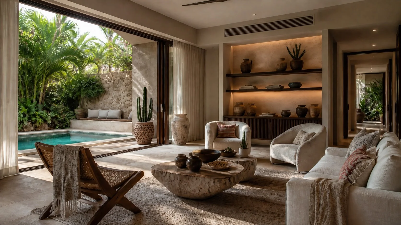 Living area with pool views in Bacalar