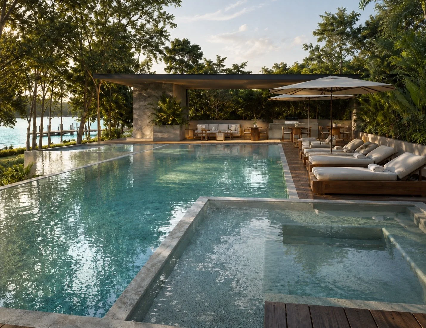 Pool in Bacalar with sun loungers and overlooking the lagoon