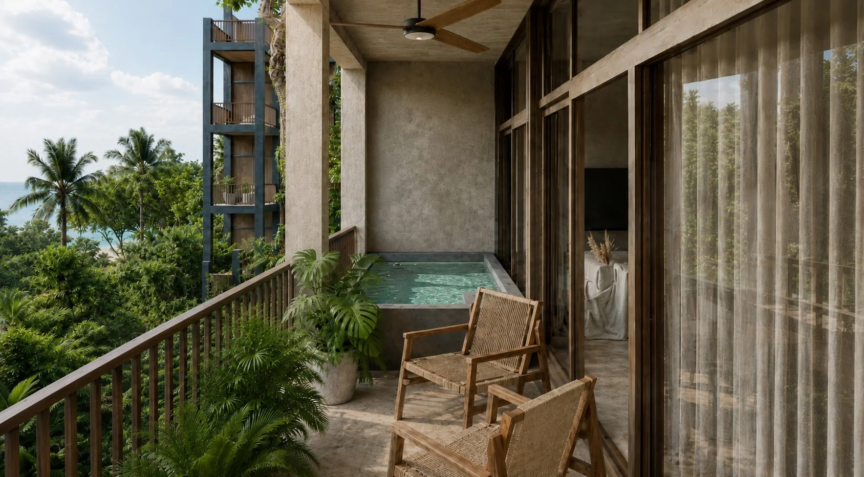 Condo balcony with plunge pool and views of the Bacalar lagoon