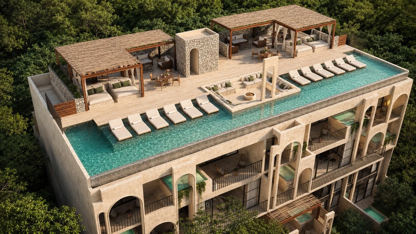 Aerial view of Condo in Bacalar with rooftop pool and lounge area