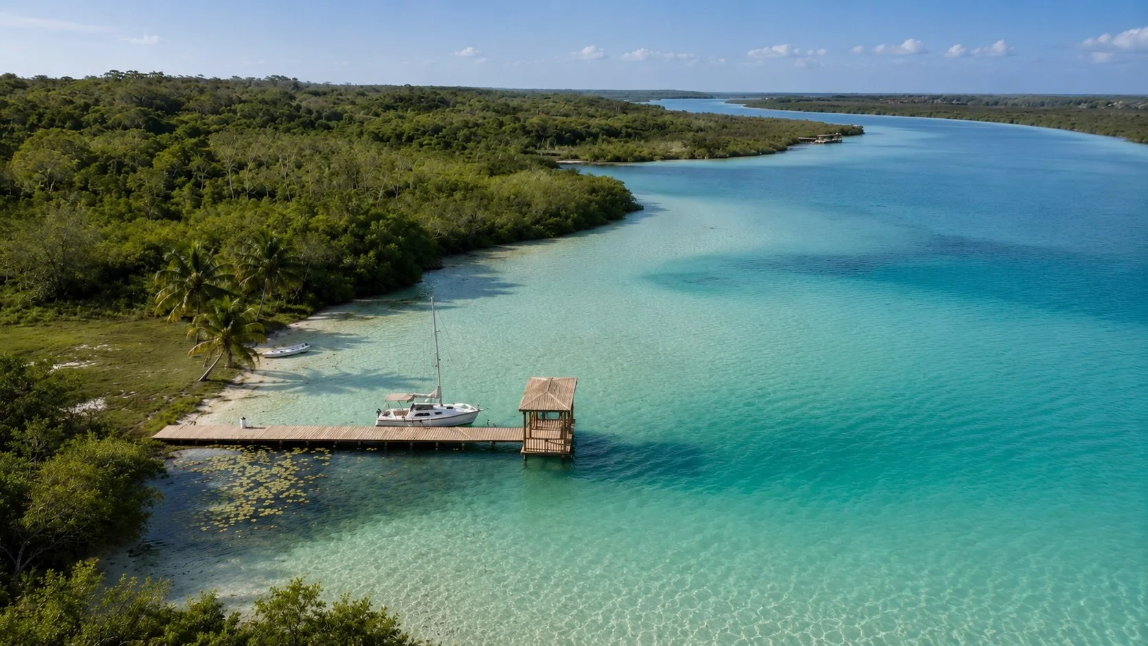 Lagoon aerial view with sailing boat and wooden pier