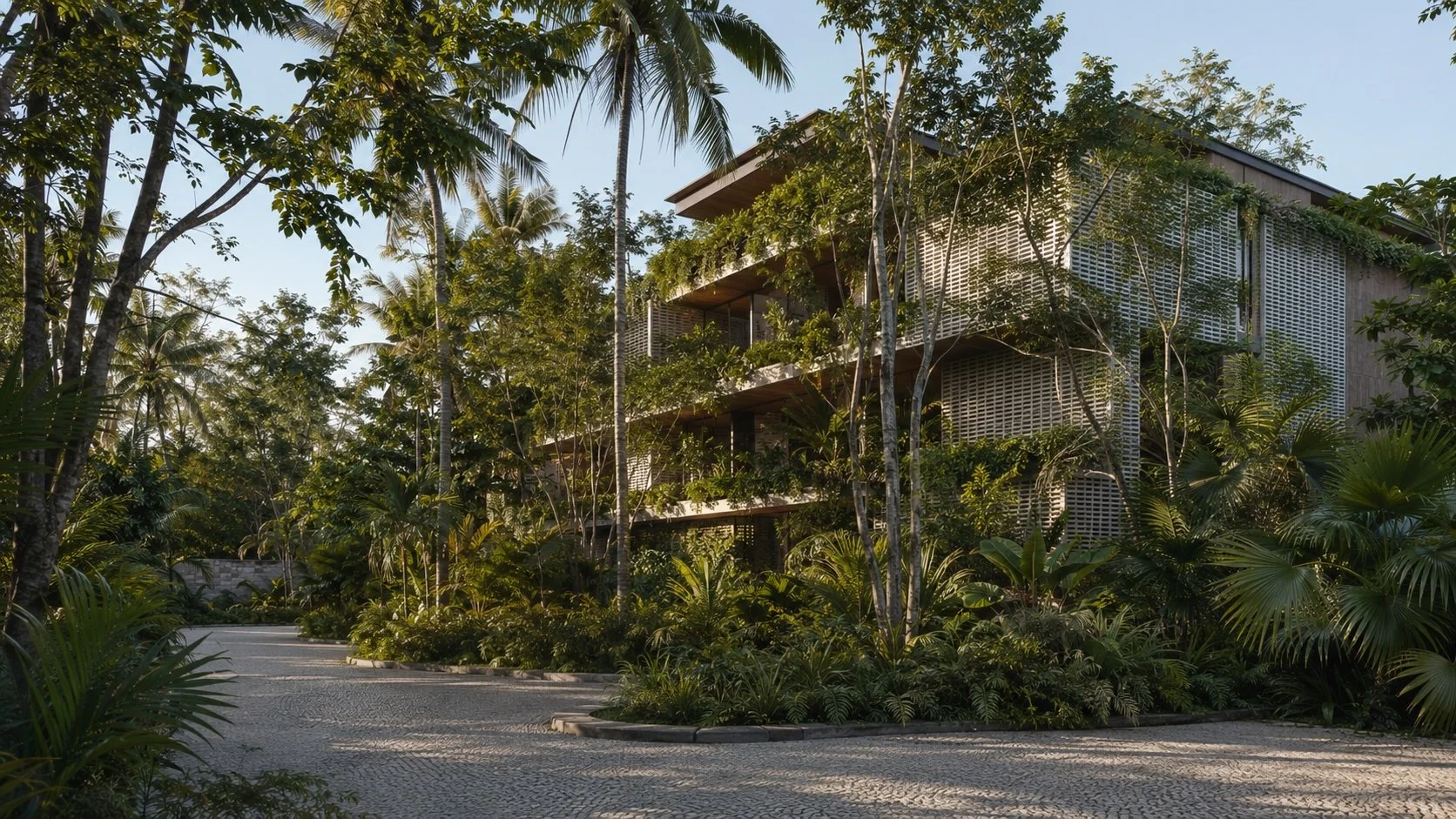 Exterior of a Bacalar condo surrounded by greenery